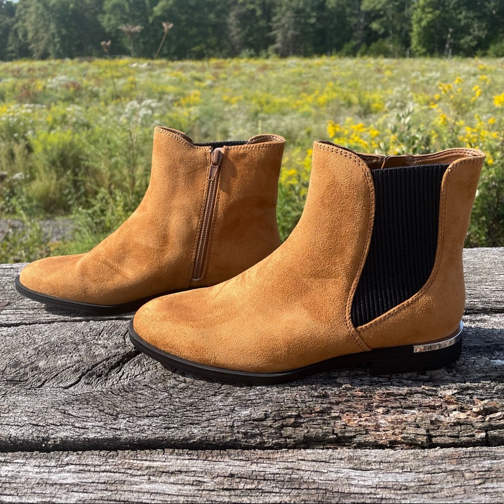 Nine West Light brown and black flat ankle vegan faux suede booties